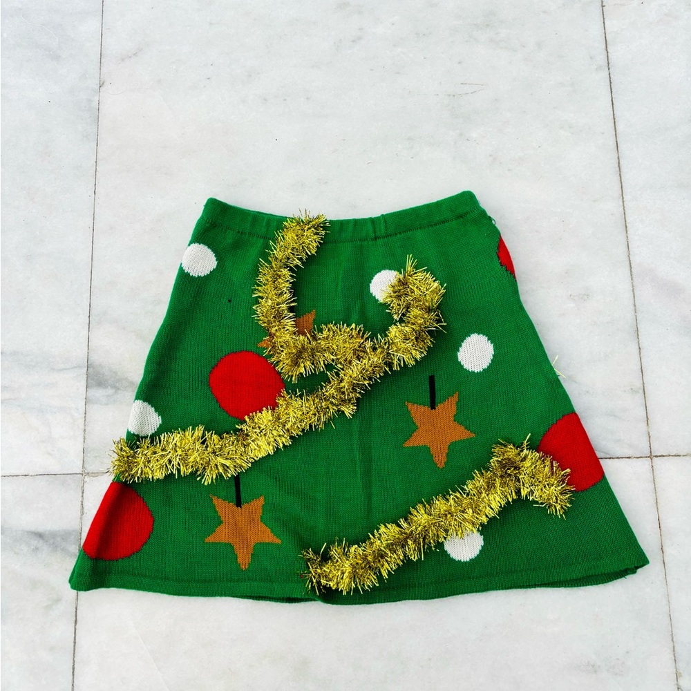 Womens Ugly Christmas Skirt Knit Stretch Mini Ornament Tinsel Green Red Small